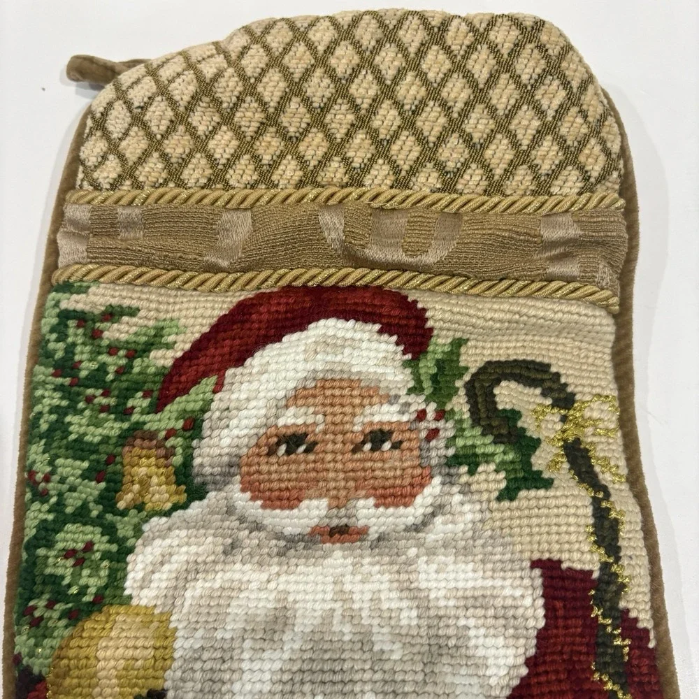 Vintage Santa Claus Wool Needlepoint Christmas Stocking Gold Velvet Backing 15